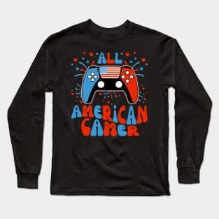 4th Of July boys kids men All American Gamer Flag Merica Long Sleeve T-Shirt